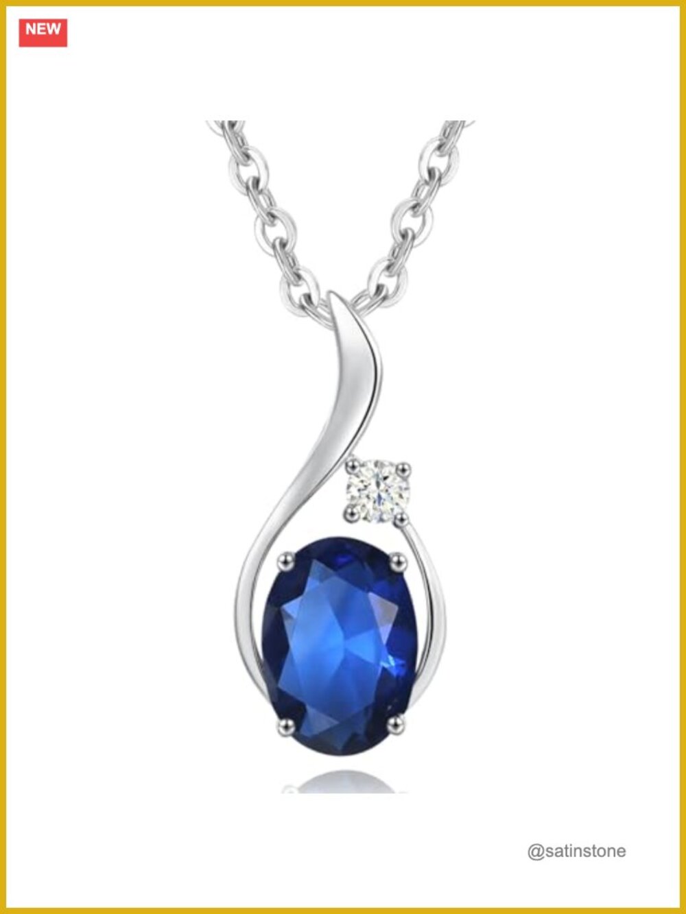 14K Solid White Gold Oval Created Sapphire Diamond Pendant Necklace